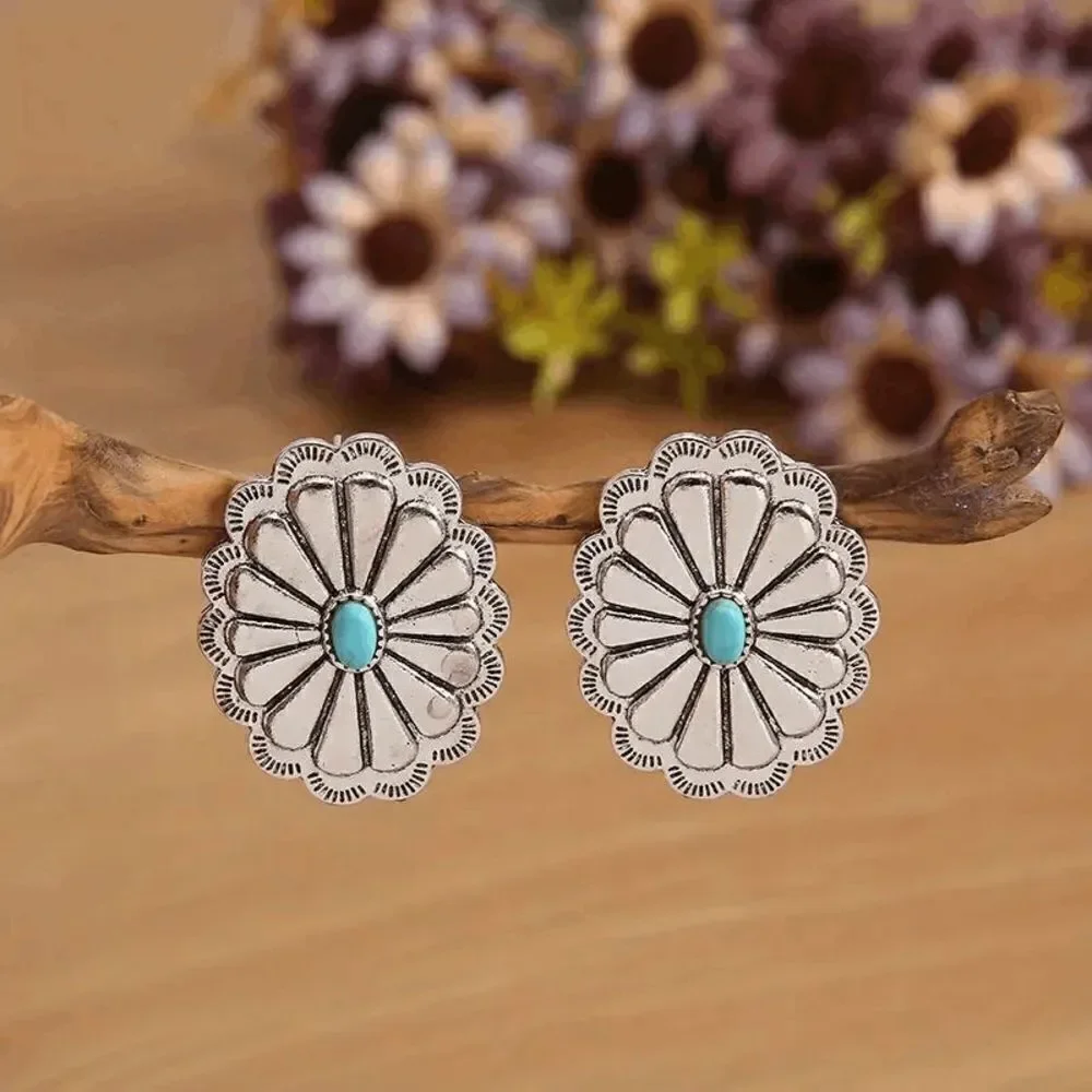 Western Silver Turquoise Concho Stud Earrings
